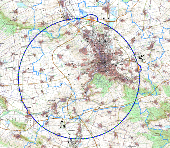 Ausschnitt einer topografischen Karte mit kreisförmig gekennzeichnetem Gebiet