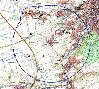 Ausschnitt einer topografischen Karte mit kreisförmig gekennzeichnetem Gebiet