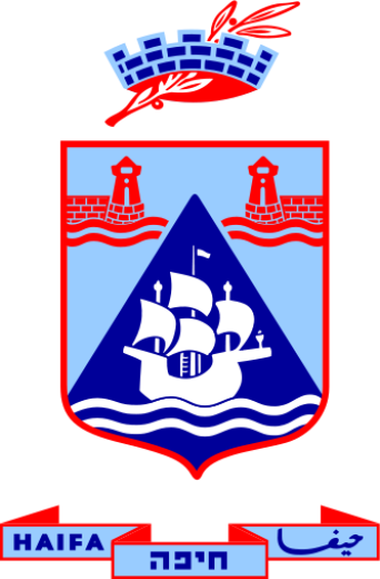 Blaues Wappen mit Roten Akzenten, in der Mitte ein Blaues Schiff