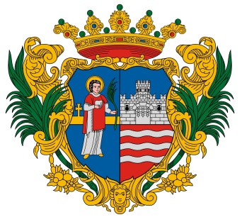 Das Stadtwappen von Györ, in den Farben Blau, Rot, Grün und Gold