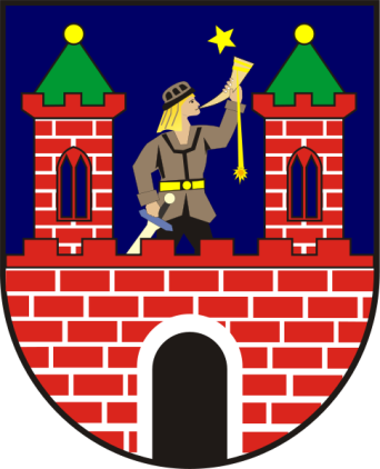 Rotes Wappen auf blauem Grund mit einem Wächter auf einer Mauer