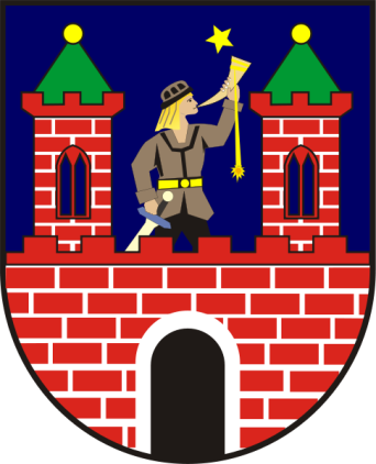 Wappen Stadt Kalisz Rotes Wappen auf blauem Grund mit einem Wächter auf einer Mauer