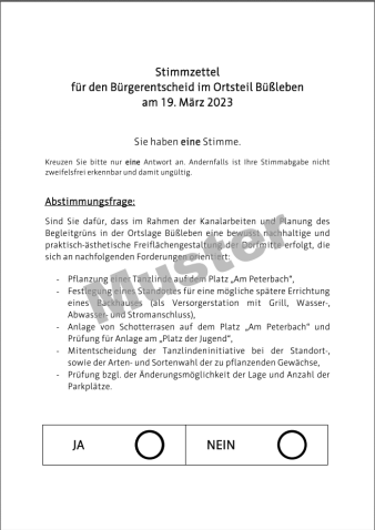 Foto: Musterstimmzettel Bürgerentscheid 19.03.2023 © Stadtverwaltung Erfurt Musterstimmzettel zum Bürgerentscheid im Ortsteil Büßleben