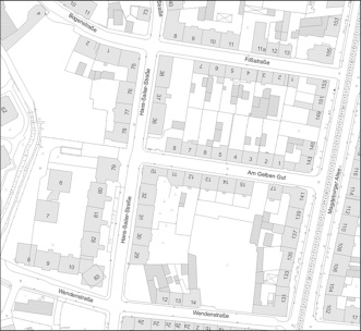 Stadtgrundkarte, welches einen Bereich zwischen Bogenstraße, Filßstraße, Hans-Sailer-Straße, Wendenstraße und Magdeburger Allee begrenzt