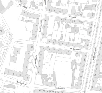 Karte des Geltungsbereichs der Allgemeinverfügung Stadtgrundkarte, welches einen Bereich zwischen Bogenstraße, Filßstraße, Hans-Sailer-Straße, Wendenstraße und Magdeburger Allee begrenzt