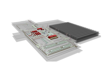 Blick in das Innere des automatischen Behälterlagers (Computeranimation).