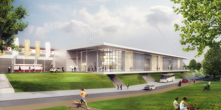 Visualisierung eines multifunktionalen Gebäudes mit großen Glasflächen, auf dessen Rückseite sich das neue Steigerwaldstadion erstreckt.