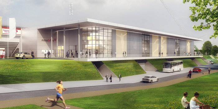 Visualisierung eines multifunktionalen Gebäudes mit großen Glasflächen, auf dessen Rückseite sich das neue Steigerwaldstadion erstreckt.