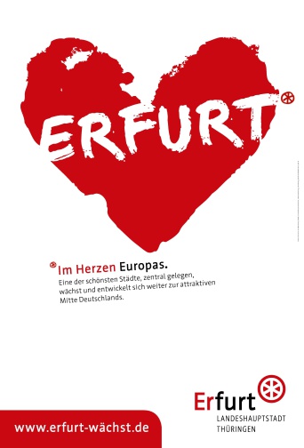 Text Erfurt auf rotem Herz mit Textzusatz: Im Herzen Europas.