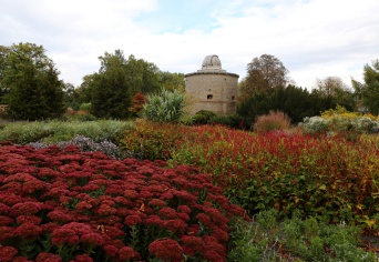 Blick über das in Herbstfarben getauchte Gelände des Egaparks, auf ein Beet mit Stauden und Gräsern. 