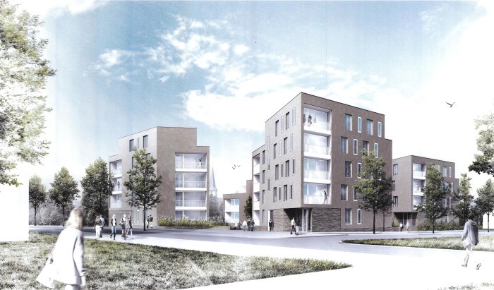 Wohnanlage Kilianipark: Siegerentwurf als Grundlage des B-Plans Realisitische Darstellung des Entwurfs einer Wohnbebauung: 3- und 4-geschossige Wohnhäuser im Grünen.