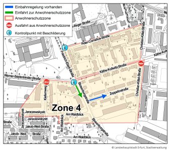 Stadtplanauschnitt mit Zonenmarkierung für den Anwohnerschutzbereich