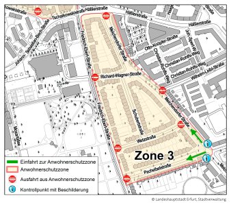 Stadtplanauschnitt mit Zonenmarkierung für den Anwohnerschutzbereich