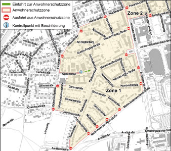 Stadtplanauschnitt mit Zonenmarkierung für den Anwohnerschutzbereich