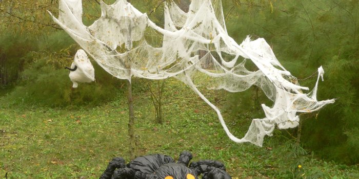 Gebastelte Nachbildung einer Spinne mit Netz
