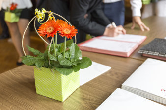 Links im Vordergrund steht eine kleine Pflanze in grüner Tasche mit weißen Punkten auf einem Tisch. Rechts im Hintergrund zu sehen sind unscharfe Personen, eine davon unterschreibt etwas.