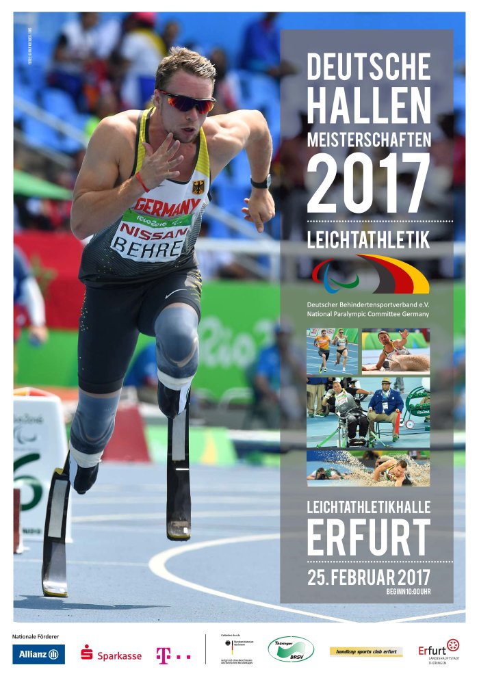 Plakatbild Deuchtsche Hallen Meisterschaften 2017 – Leichtathletik Sprinter mit Orthese
