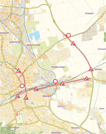 Eine Verkehrsplan mit Baustellen und Stau-Zeichen