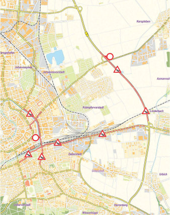 Eine Verkehrsplan mit Baustellen und Stau-Zeichen