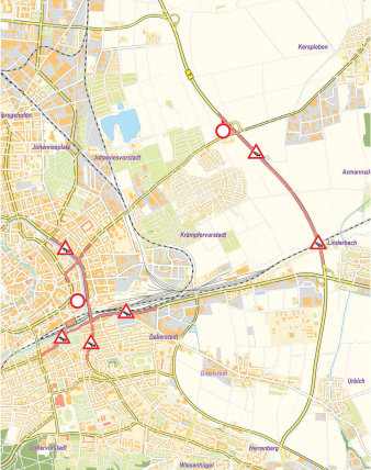 Eine Verkehrsplan mit Baustellen und Stau-Zeichen