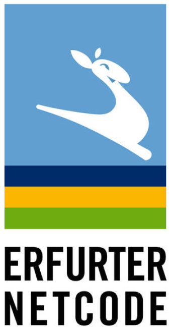 Grafik: Erfurter Netcode-Logo © Erfurter Netcode Ein stilisiertes weißes Känguru auf blauem Grund, darunter drei Streifen und der Schriftzug Erfurter Netcode.