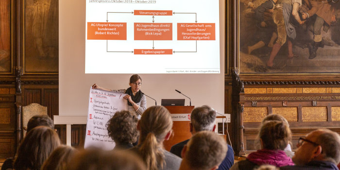 Junge Frau am Rednerpult vor Leinwandpräsentation redet vor Publikum und hält ein Plakat hoch