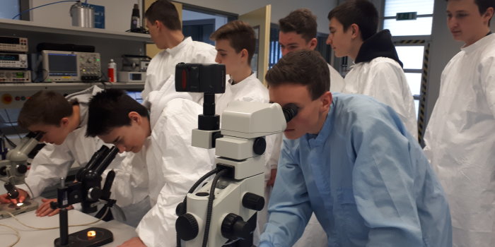 Schüler stehen an Mikroskopen und betrachten Mikrochips. 