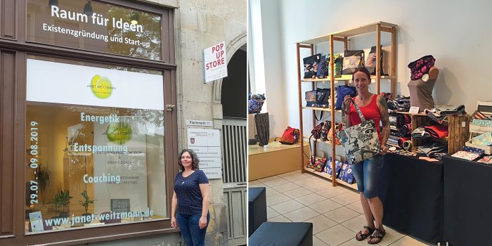 Eine Frau steht vor einem Schaufenster, eine andere Frau steht mit einer Tasche in der Hand in einem Ladengeschäft. 