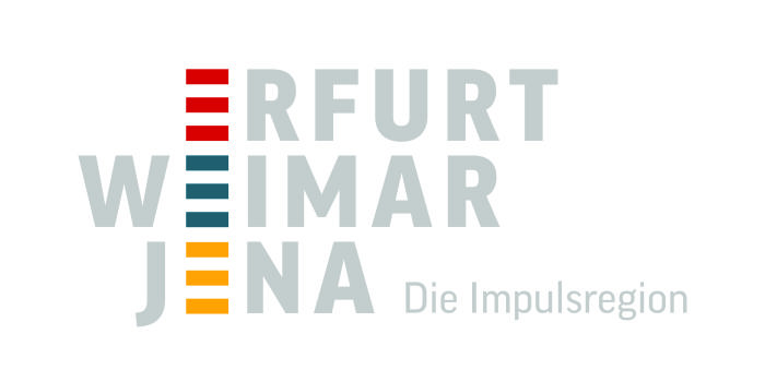 In grauer Schrift stehen die Städtenamen Erfurt, Weimar sowie Jena untereinander und "Die Impulsregion" daneben. 