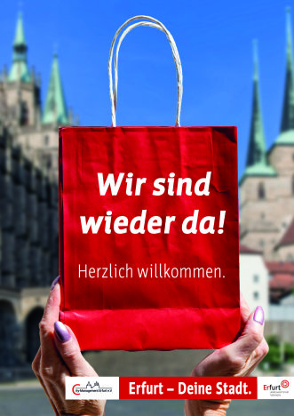 Plakat Coronaservice-Aktion: Wir sind wieder da! Einkaufstüte mit Text