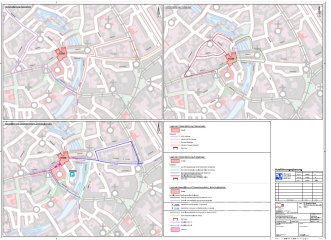 verschiedene Umleitungspläne für Fußgänger, Radfahrer und den Kraftfahrzeugverkehr