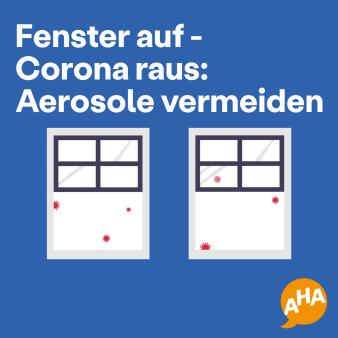 Text "Fenster auf - Corona raus: Aerosole vermeiden" und zwei stilisierte Fenster