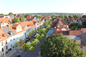 Das Bild zeigt eine Straße, die in der Mitte mit Bäumen begrünt ist.