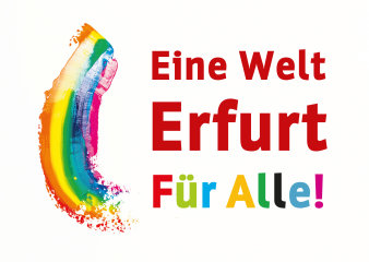 eine Regenbogen-Grafik mit dem Schriftzug "Eine Welt - Erfurt für alle"