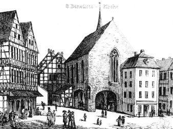 Zeichnung des eines historischen Platzes mit einem Kirchengebäude