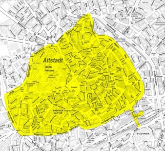 gelb markierte Fläche auf grauen Stadtplan