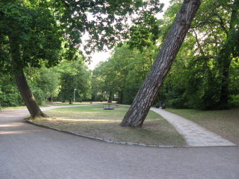 einige Spielgeräte für Kleinkinder inmitten einer Parklandschaft