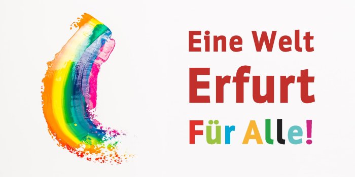 eine regenbogenförmige Grafik mit dem Schriftzu "Eine Welt - Erfurt für alle"