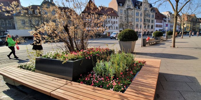 Ein großer Platz und im Vordergrund ein Hochbeet mit Pflanzen,drumherum sind Sitzbänke angeordnet.