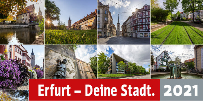 Foto: Erfurt - Deine Stadt 2021 © Stadtverwaltung Erfurt 12 einzelne Stadtansichten von Erfurt zu einer Collage zusammengesetzt.