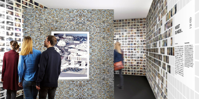 eine Visualisierung zeigt Besucher in einer Fotoausstellung mit vielen kleinformatigen Fotos an der Wand