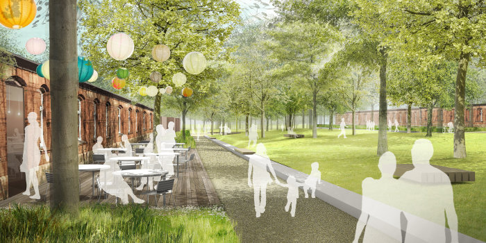 eine Visualisierung zeigt Spaziergänger in einer Parkanlage mit Backsteingebäude und einer Außenterrasse