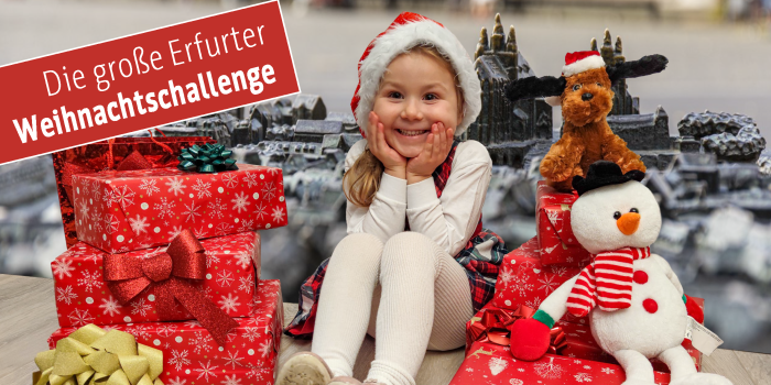 Kind mit Geschenken und Text: Die große Erfurter Weihnachtschallenge