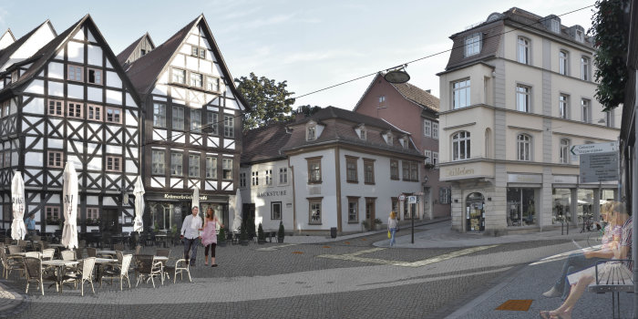 Foto: Visualisierung Benediktsplatz © Planungsbüro Poch+Zänker GmbH eine Darstellung des sanierten Platz umrahmt von historischen Gebäuden