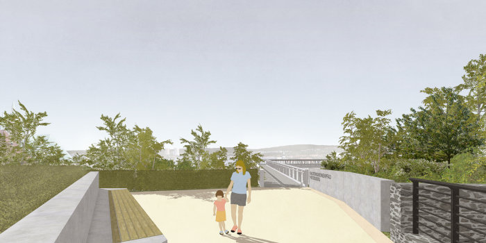 Foto: Visualisierung Einstieg Bastionskronenpfad Mauerkronenbrücke © KLP Kummer Lubk Partner Visualisierung eines Platzes mit sich anschließender Brücke