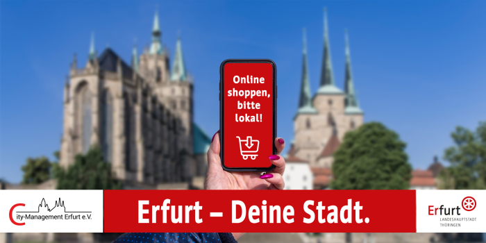 Grafik: Online shoppen, bitte lokal. Erfurt. Deine Stadt. © Stadtverwaltung Erfurt, Einkaufswagen-Symbol: Designed by Freepik Grafik mit Titel-Text, Erfurt-Logo und Erfurter Domsilhouette unscharf im Hintergrund