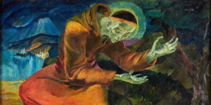 Foto: "Der heilige Franziskus predigt den Vögeln" © Stadtverwaltung Erfurt eine Heiligenfigur gestikuliert in freier Natur neben sitzenden Vögeln
