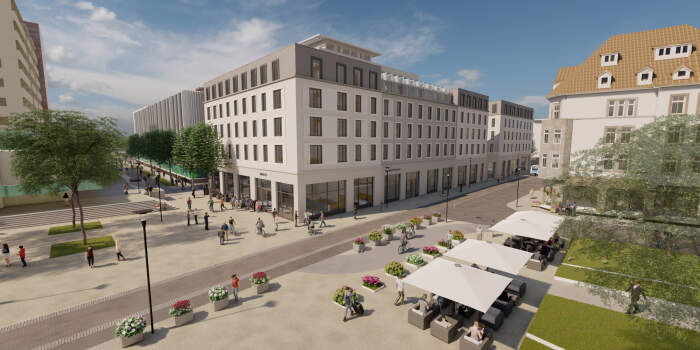 Geschäftshaus am Hirschgarten an H-Hotels und Rewe vermietet