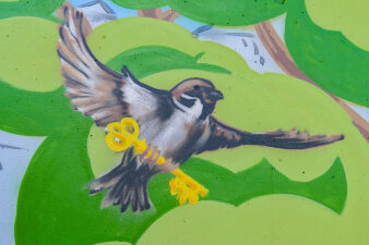 ein Graffiti an einer Häuserwand, Motiv ist ein Vogel, der einen Schlüssel festhält