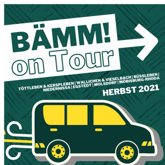 Schriftzug "Bämm! on Tour" mit Auflistung verschiedener Erfurter Ortsteile und der Abbildung eines Autos